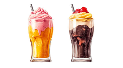 Colorful milkshakes served in clear glasses