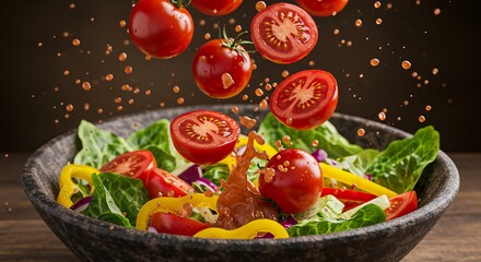 Fresh mixed salad with falling tomatoes