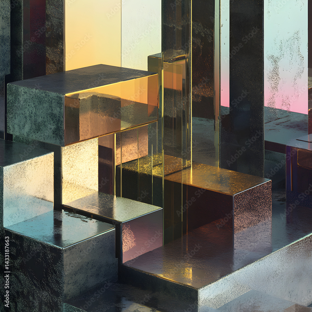 Poster abstract architectural blocks: a captivating artistic rendering featuring a dynamic composition of g