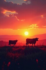 Silhouetted cows in fields at dawn, sunrise, field, agriculture