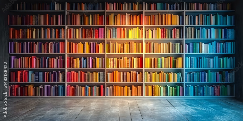 Poster large bookshelf with books arranged in rainbow color spectrum from red to blue, illuminated dramatic