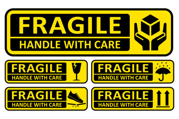 Fragile Handle With Care Shipping Label Vector, Packaging Signage and Icons, Caution Sticker Design for Boxes, Shipping and Delivery Warning Graphic