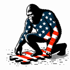 Fototapeta premium bigfoot wear american flag Doing a puzzle. Funny Animal Vector Clip art. Colossal hominid donning patriotic banner assembling an enigma game.