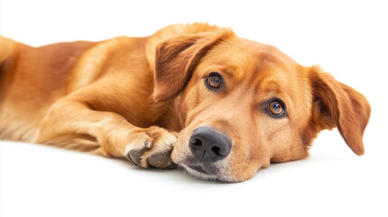 Adorable young dog lying down with a relaxed expression, golden fur, expressive eyes, furry ears, gentle face, resting posture, isolated on a white background