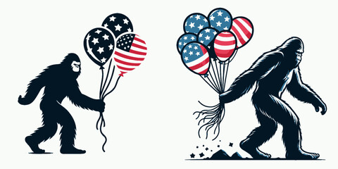 bigfoot wear american flag Holding balloons or releasing them together. Funny Animal Vector Clip art. Sasquatch donning usa banner Clutching globes liberation together.