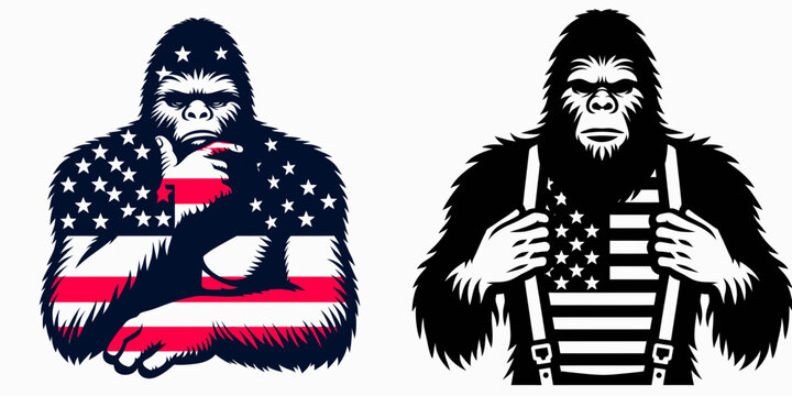 bigfoot wear american flag hands under chin. Funny Animal Vector Clip art. Legendary wildman dons stars and stripes fingers at jaw pondering.