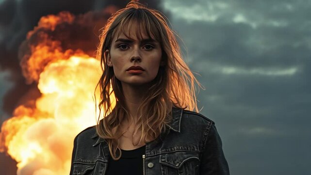 Resilient woman amid explosion: A determined woman stands resolute against a backdrop of an explosive event, her expression a mix of resilience and determination. Capturing the dramatic contrast.
