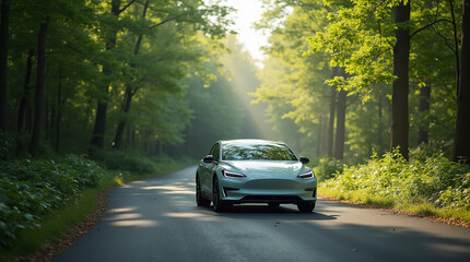 EV car, Electric car or hydrogen energy car on road midst forest and natural. Environmental friendly travel.