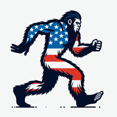 Fototapeta premium bigfoot wear american flag running. Funny Animal Vector Clip art. Sasquatch apparel patriot emblem sprint star-spangled banner exercise.