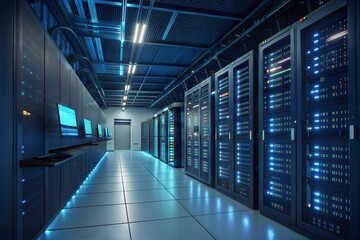 Fototapeta premium Illuminated server room handling large-scale data processing. (Bigdata)
