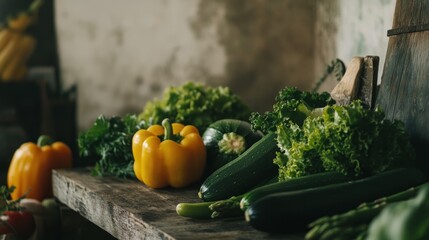 Fresh, vibrant vegetables arranged on a rustic wooden surface