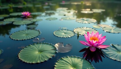Water lilies creating floral pattern across lake's still surface, design, natural, aesthetic