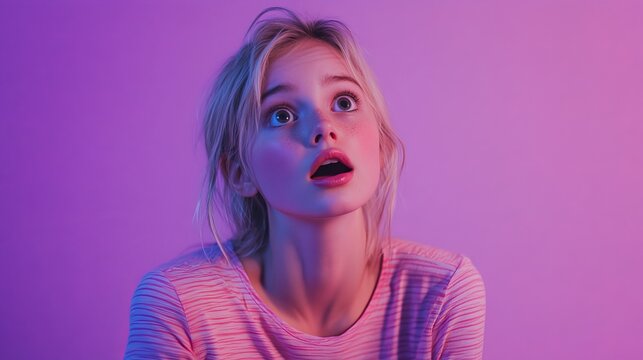 A pretty young blonde woman, perhaps a teenager, looks surprised against a purple backdrop.
 
