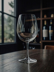 Minimalist image of an empty wine glass on a table.
