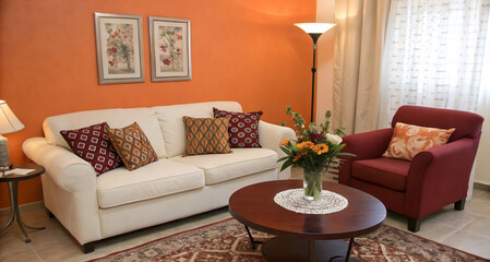 A cozy living room with a cream sofa and a chocolate brown leather armchair