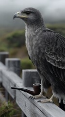 Fototapeta premium Grey bird of prey perched on a wooden fence, a smoking pipe resting on its claws