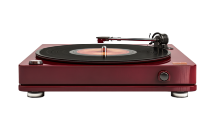 Stylish red turntable with vinyl record spinning