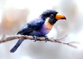 Obraz premium Vibrant exotic bird with black feathers, orange beak, and peach-colored chest perched on branch against soft blurred background, displaying majestic wild nature.