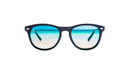 Sunglasses with ocean view reflection on beach