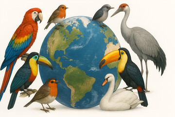 Lots of birds with world globe specifically World Migratory Bird Day concept abstract banner art