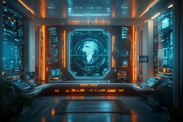 Futuristic control room, Africa map displayed, monitoring global data