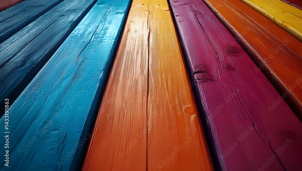 Poster vibrant multicolored wooden planks in perspective view showing textured surface with blue, orange, r