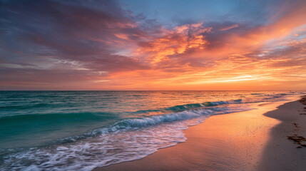 Obraz premium Ocean wave gently washes sandy beach at sunset, vibrant orange and pink sky, peaceful and serene coastal scene, evokes tranquility and calm