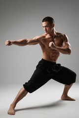 Obraz premium arafed man in black shorts doing a karate pose