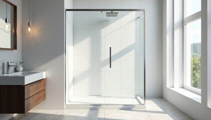 White paneled shower stall , tile, shower, glass