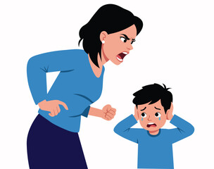 Angry mother screaming at son  emotional flat vector illustration showing family conflict, argument, parenting tension, and stressed parent-child moment