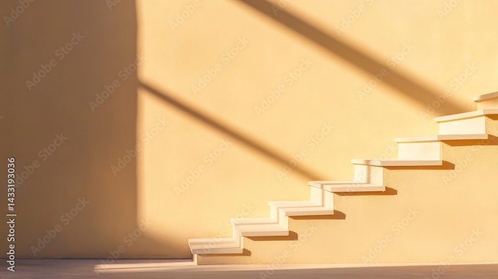 Poster serene staircase against a warm yellow wall with soft shadows creating a calming atmosphere