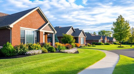 Fototapeta premium Charming suburban neighborhood with well-kept lawns and colorful flower beds under a blue sky
