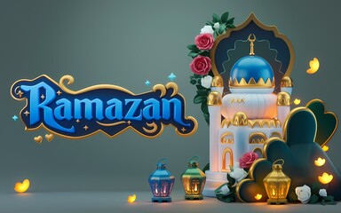 Naklejka premium Ramazan Dark Fantasy 3D illustration Scene Featuring Glowing White Mosque with Blue Dome Golden Details Surrounded by Magical Lanterns Butterflies Roses Elegant Ramazan Text Luxurious Fantasy Setting