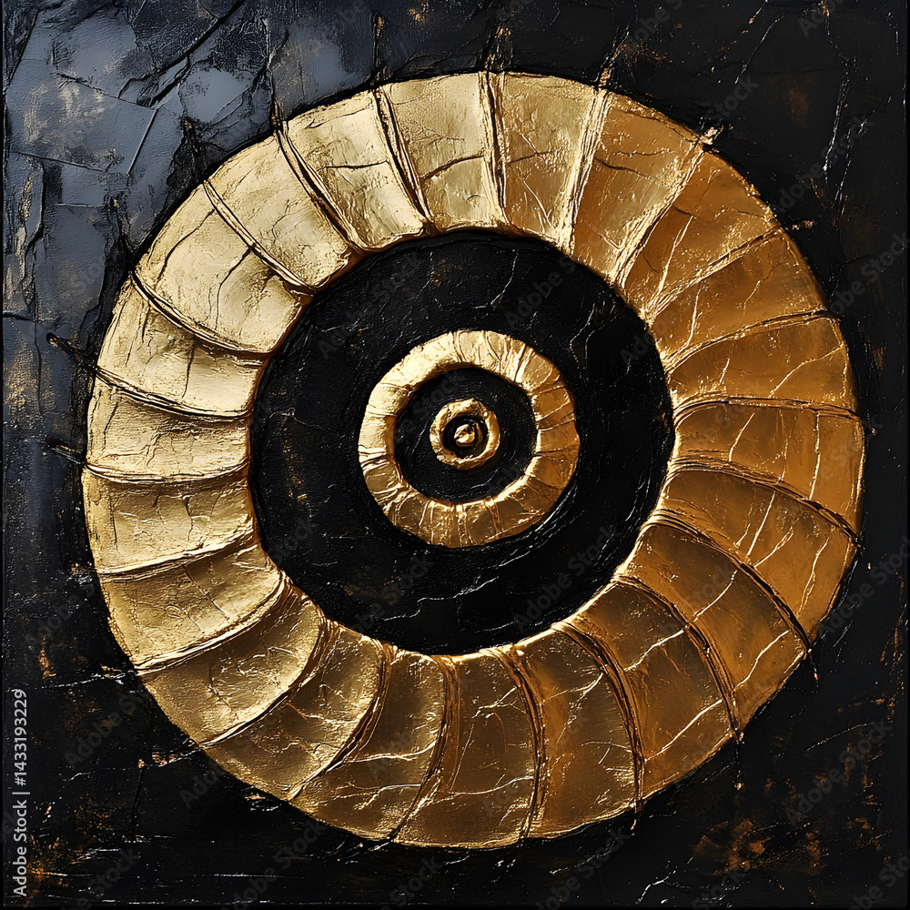 Poster golden spiral: this image is a textured, artistic representation of a golden spiral on a dark backgr