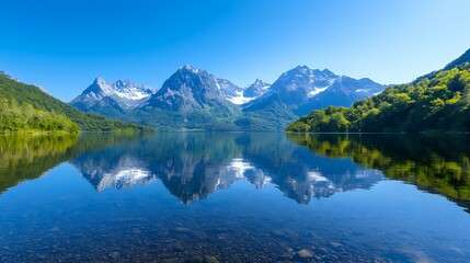 Majestic snow-capped mountain peaks reflected in crystal clear lake waters, surrounded by green forested hills under bright blue summer sky. Perfect for travel themes.