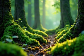 Mossy forest floor with a barefoot footprint-shaped hole in the canopy , tree, forest, canopy
