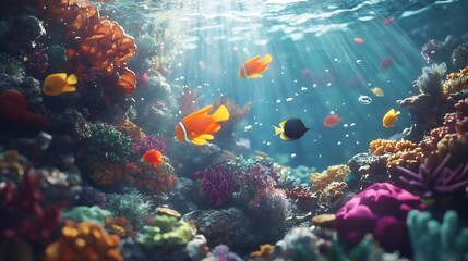 Vibrant Coral Reef: Sunlit Underwater Scene with Colorful Fish