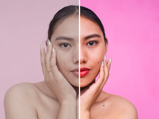 Before and after color grading comparison. Enhanced and retouched photo editing with face and skin...