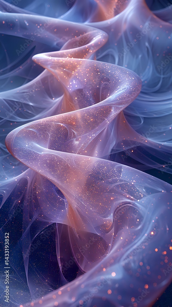 Poster ethereal flowing fabric-like forms in coral and blue tones with sparkling particles create dreamy, a