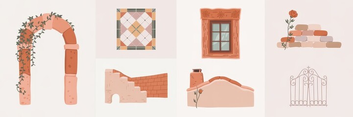 Obraz premium Collection of terracotta-toned architectural elements
