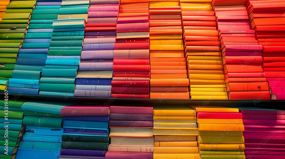 Poster vibrant rows of stacked books create rainbow pattern, multicolored spines arranged in gradient from 