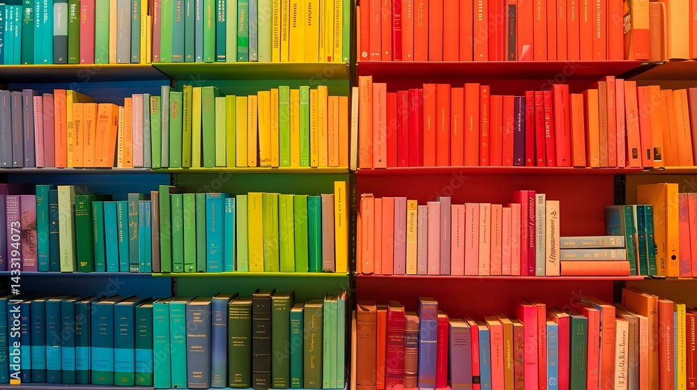 Poster colorful bookshelf arranged in rainbow spectrum order from blue and green to orange and red books, c