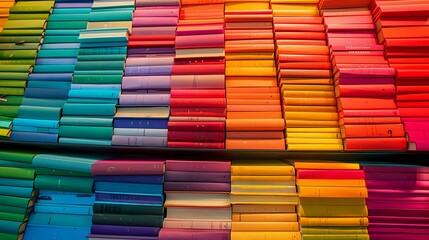 Vibrant rows of stacked books create rainbow pattern, multicolored spines arranged in gradient from green to red, modern library or bookstore display.