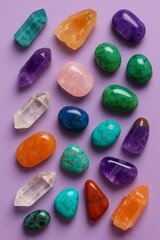 Healing Crystals in Rainbow Spectrum on Purple Background