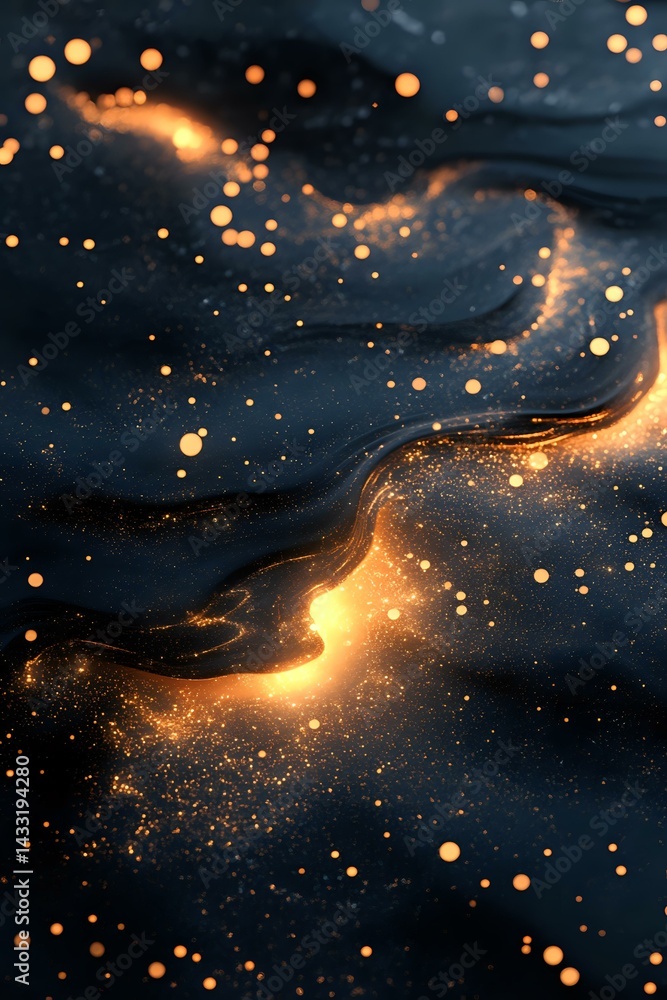 Poster glowing golden particles and light trails flow through dark liquid waves creating magical ethereal a