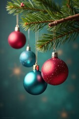 Fototapeta premium Colorful Christmas ornaments hanging from a wooden branch, winter wonderland, lights, new year greetings