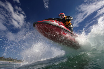 Jet ski racing across the sea performing stunts