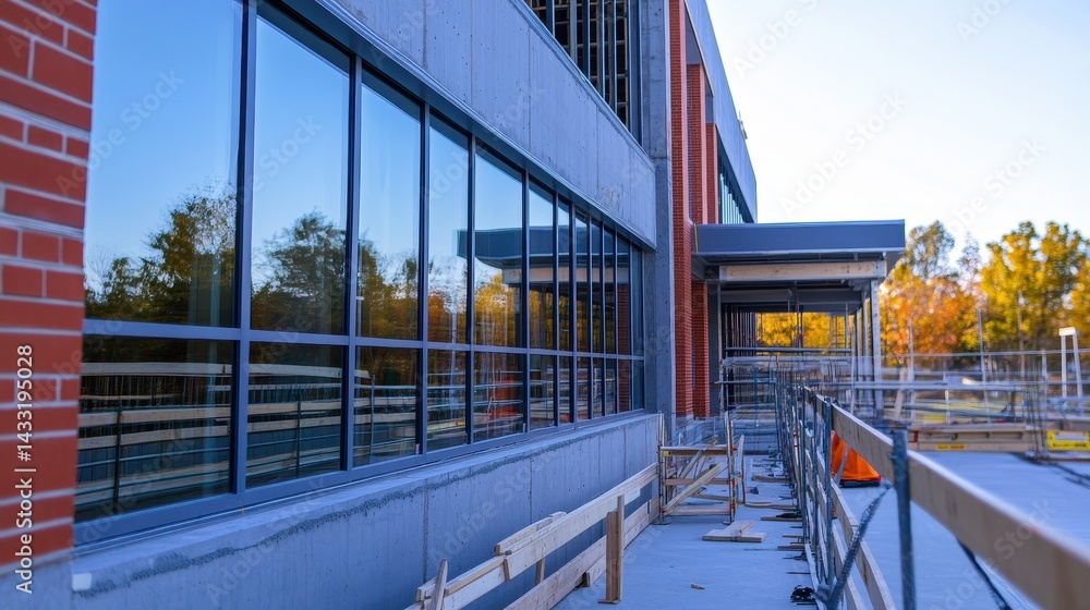 Poster modern construction site showcasing a building with large windows and surrounding scaffolding