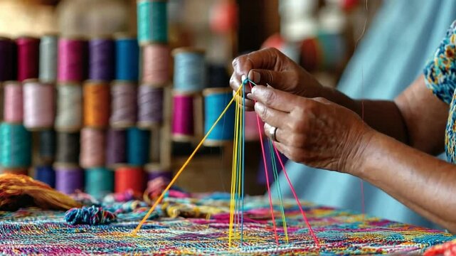 Threads of Tradition: Close-up of artisan's hands skillfully weaving colorful threads, a vibrant display of craftsmanship and heritage.