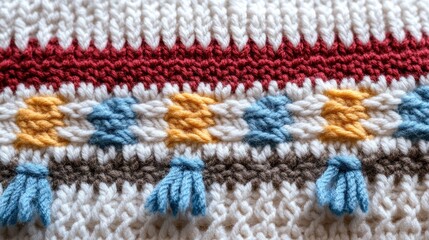 Closeup of colorful knitted fabric with tassels
